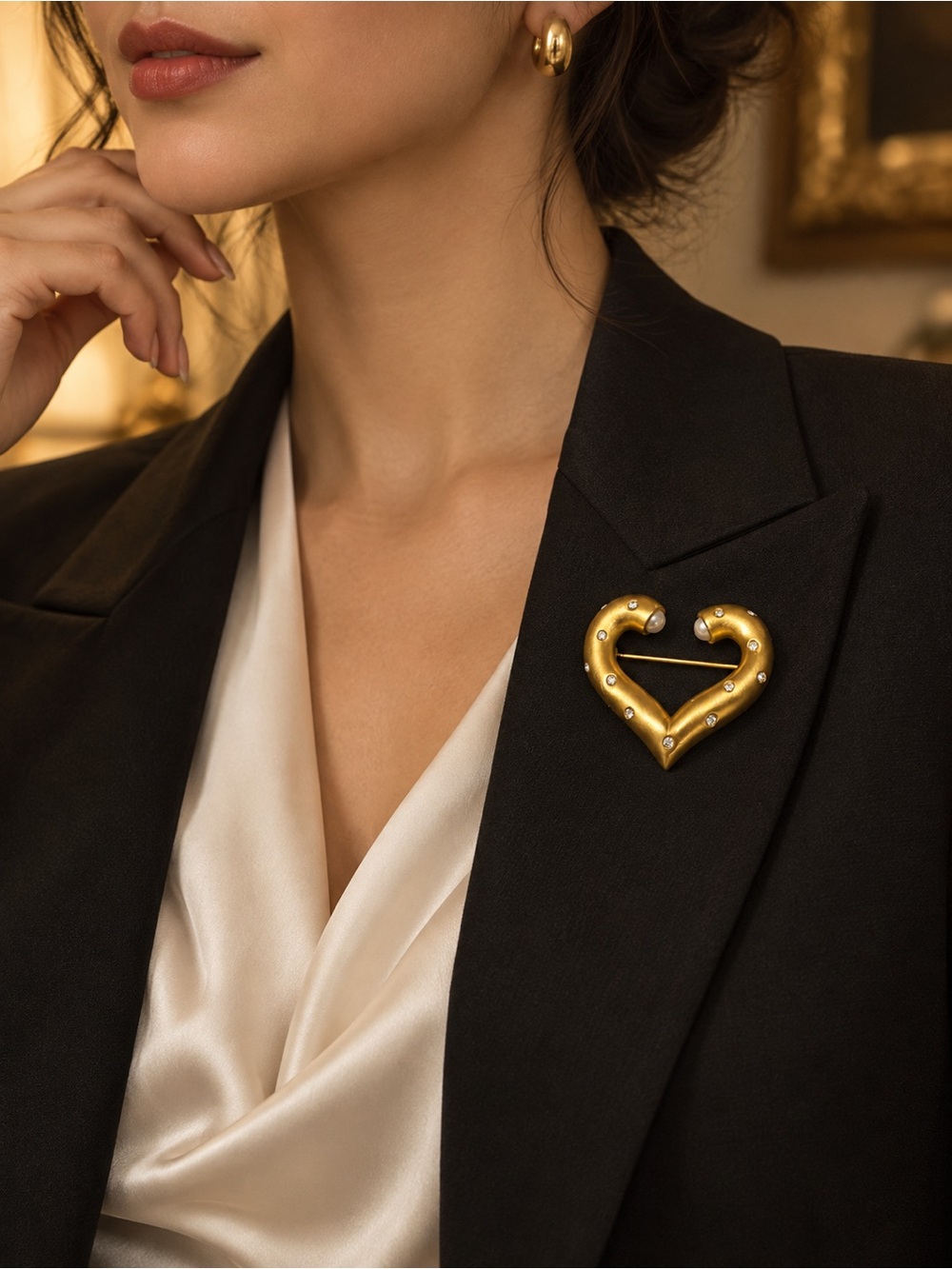 GIVENCHY Gold Heart Brooch Faux Pearl and Crystals